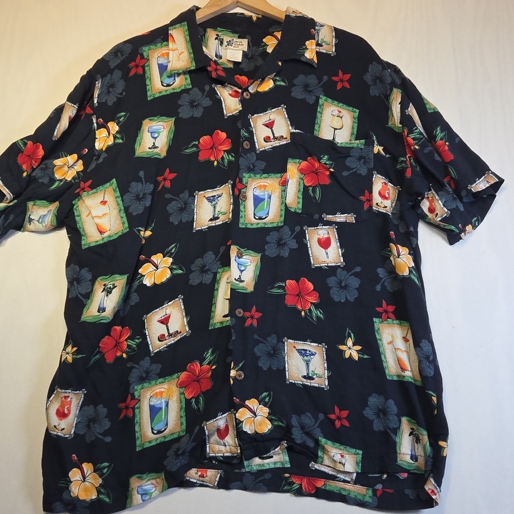 Cherokee Waikiki Wear Hawaiian Aloha Shirt XL Black Tropical Cocktail Rayon